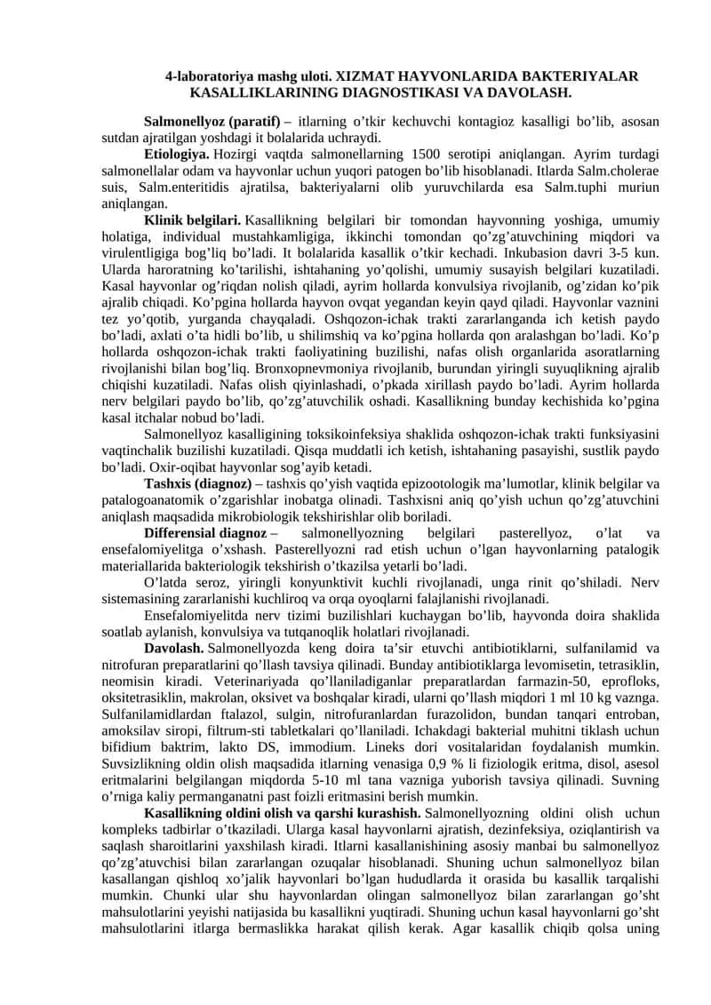 XIZMAT HAYVONLARIDA BAKTERIYALAR KASALLIKLARINING DIAGNOSTIKASI VA DAVOLASH 1