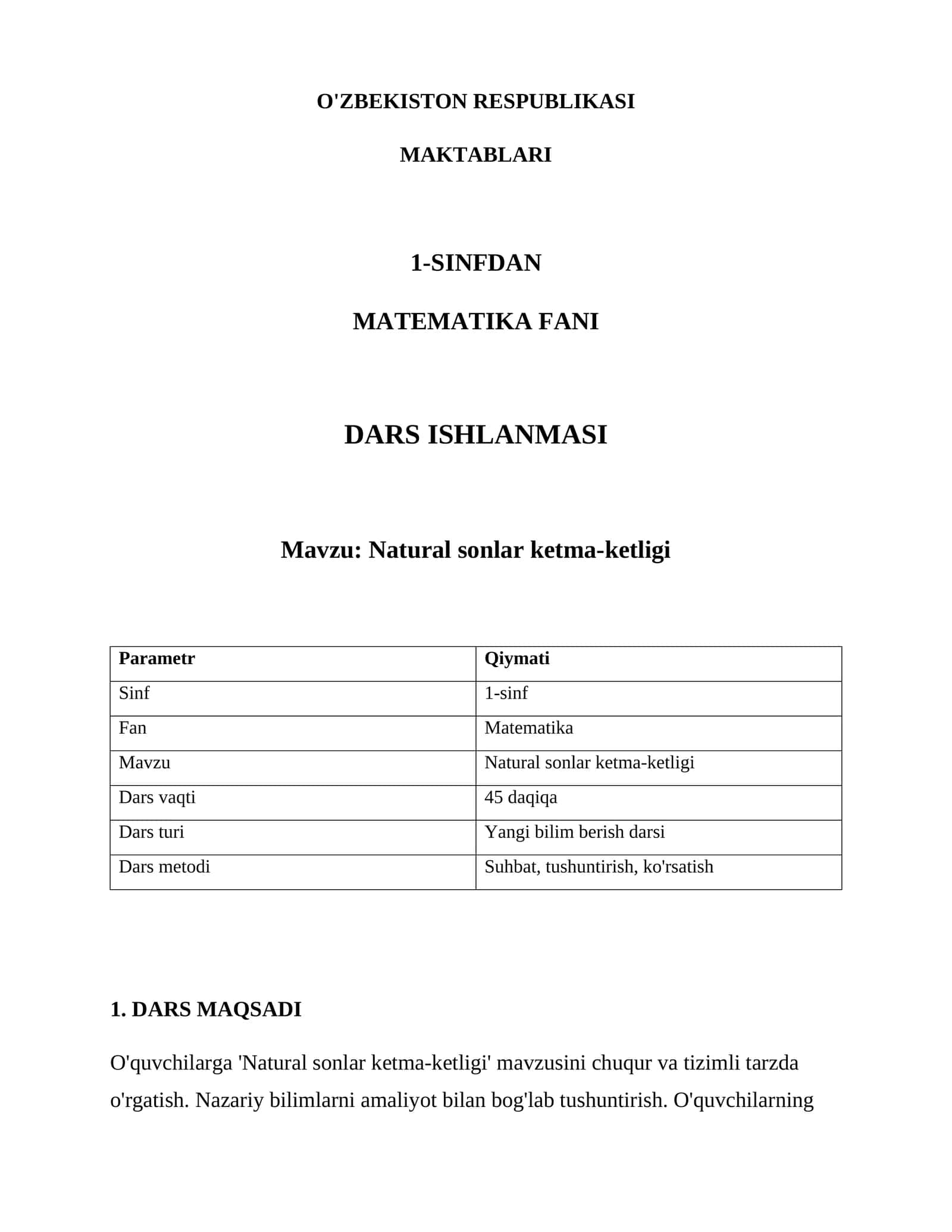 Natural sonlar ketma-ketligi Dars Ishlanmasi 1