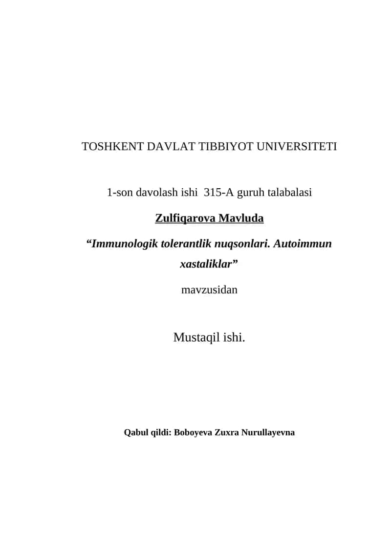 Immunologik tolerantlik nuqsonlari. Autoimmun xastaliklar 1