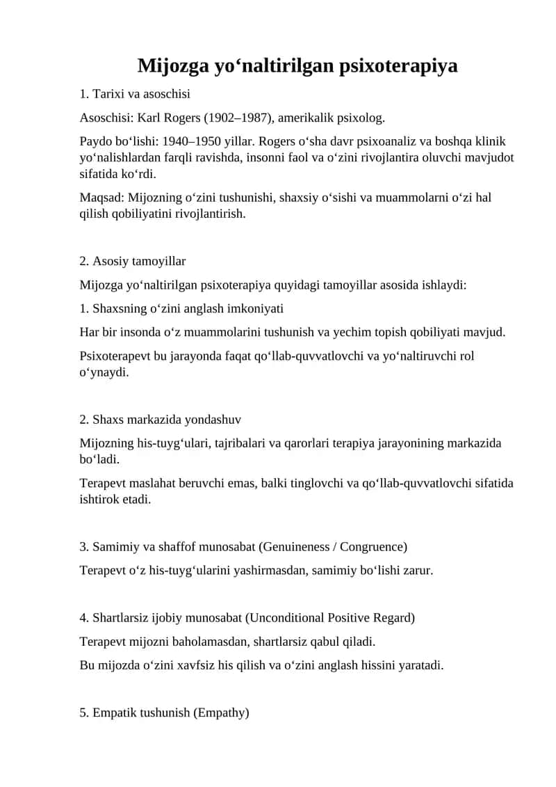 Mijozga yo‘naltirilgan psixoterapiya 1