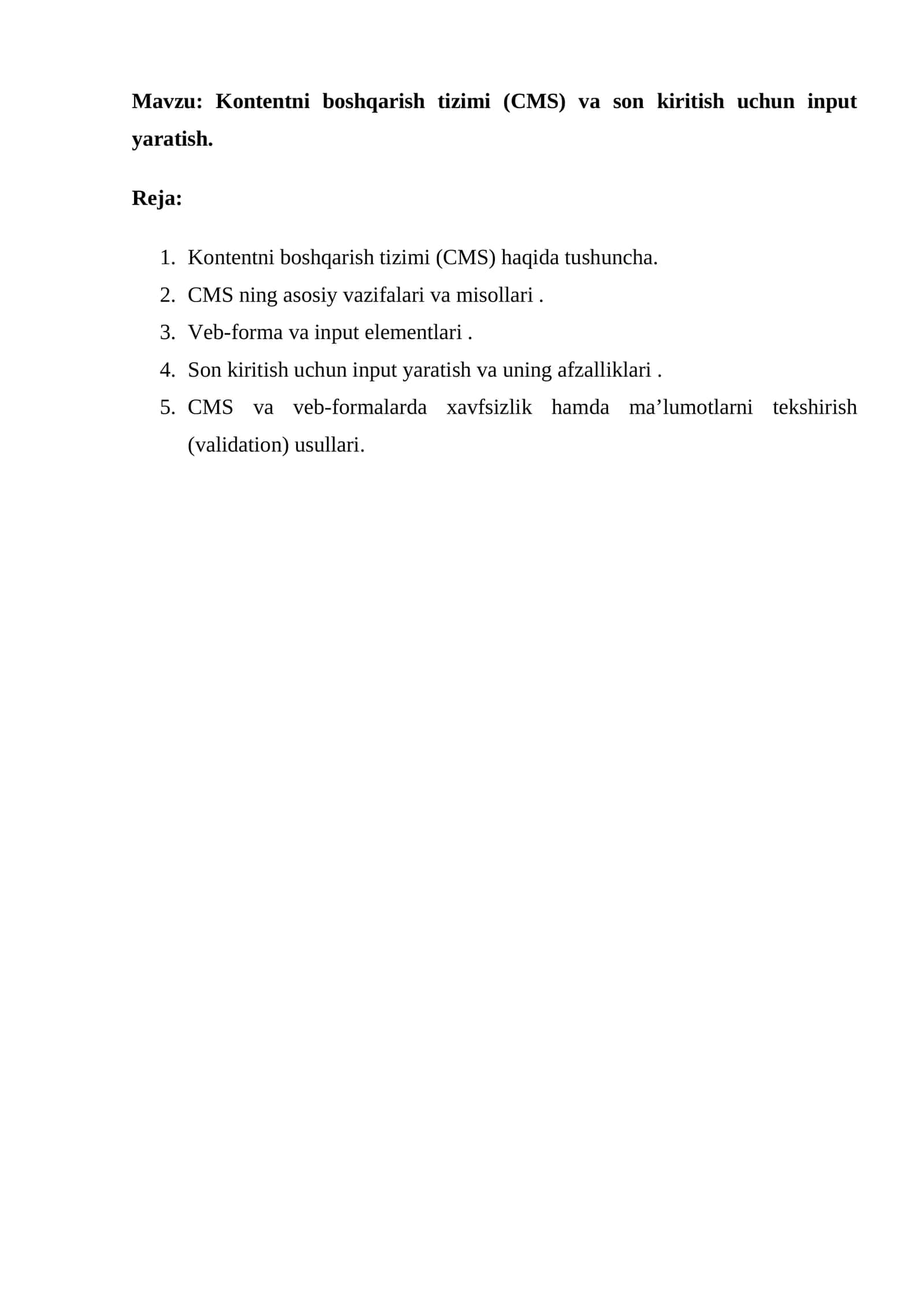 Kontentni boshqarish tizimi (CMS) va son kiritish uchun input yaratish 1