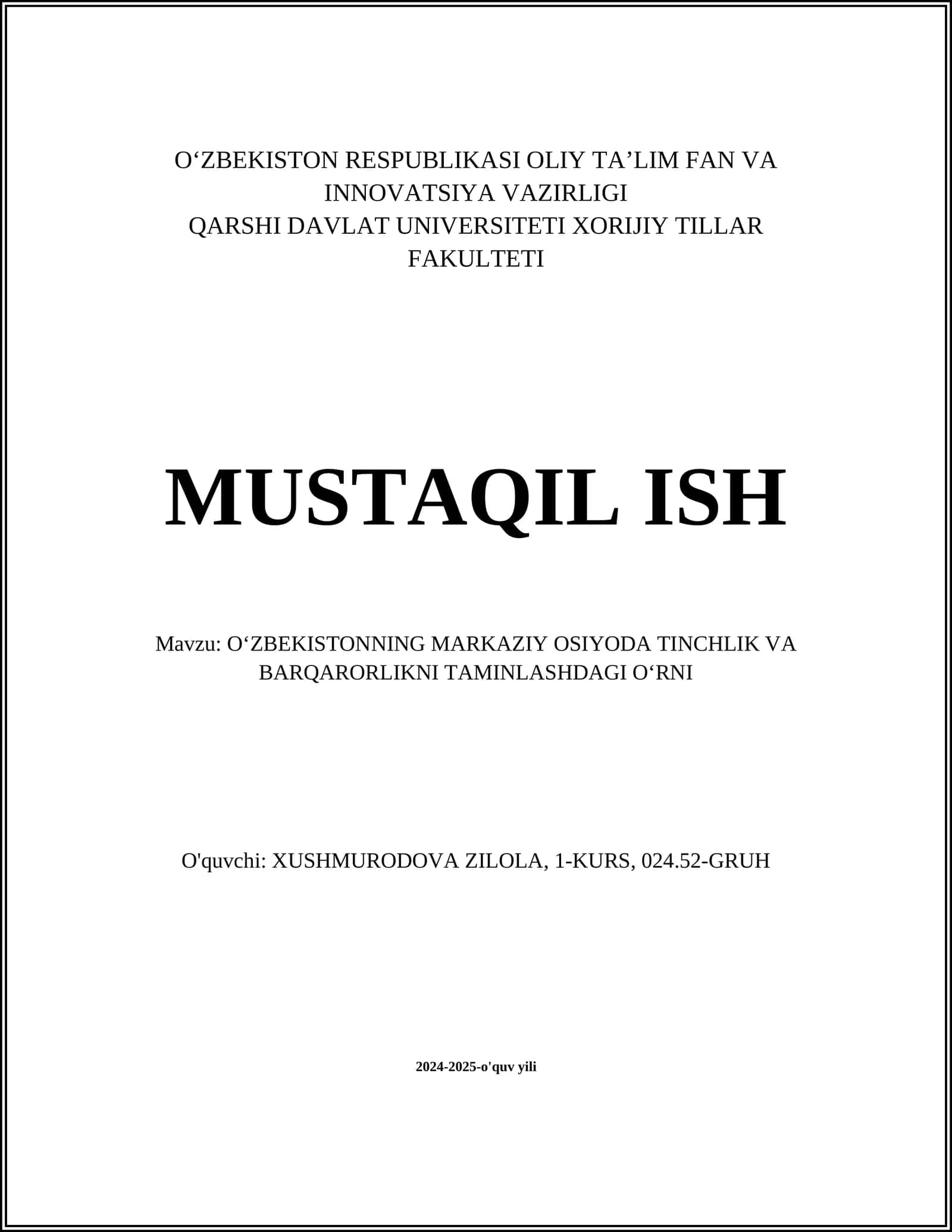 OʻZBEKISTONNING MARKAZIY OSIYODA TINCHLIK VA BARQARORLIKNI TAMINLASHDAGI OʻRNI 1