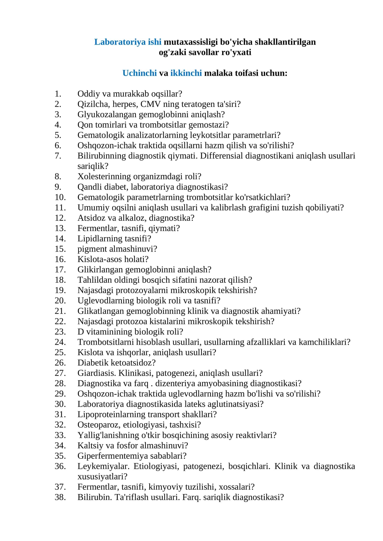 Laboratoriya ishi mutaxassisligi bo'yicha shakllantirilgan Og'zaki savollar ro'yxati 1