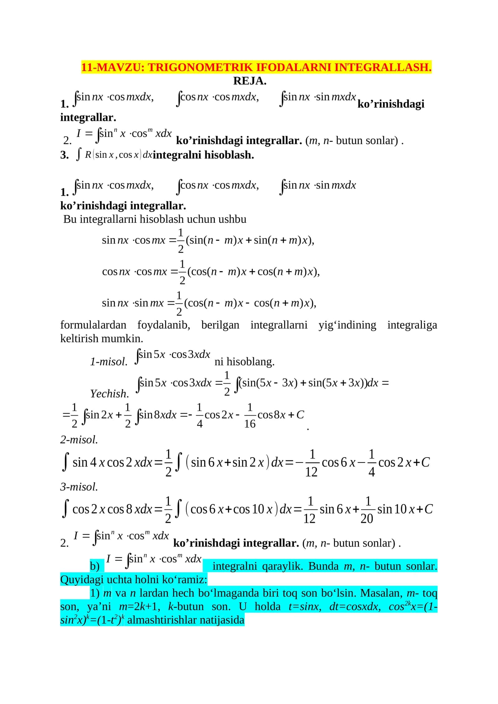 TRIGONOMETRIK IFODALARNI INTEGRALLASH 1