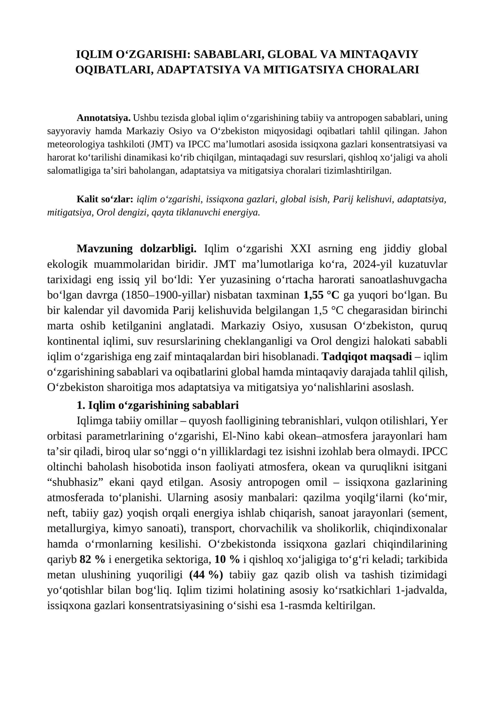 IQLIM O‘ZGARISHI: SABABLARI, GLOBAL VA MINTAQAVIY OQIBATLARI, ADAPTATSIYA VA MITIGATSIYA CHORALARI 1