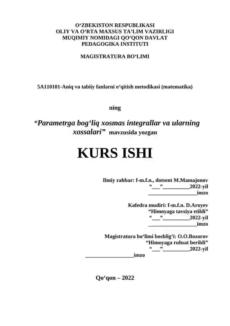 Parametrga bog'liq xosmas integrallar va ularning xossalari.