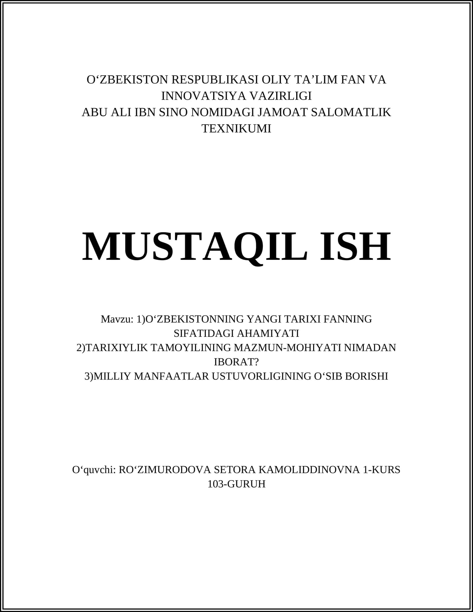 O‘zbekistonning yangi tarixi fani 1