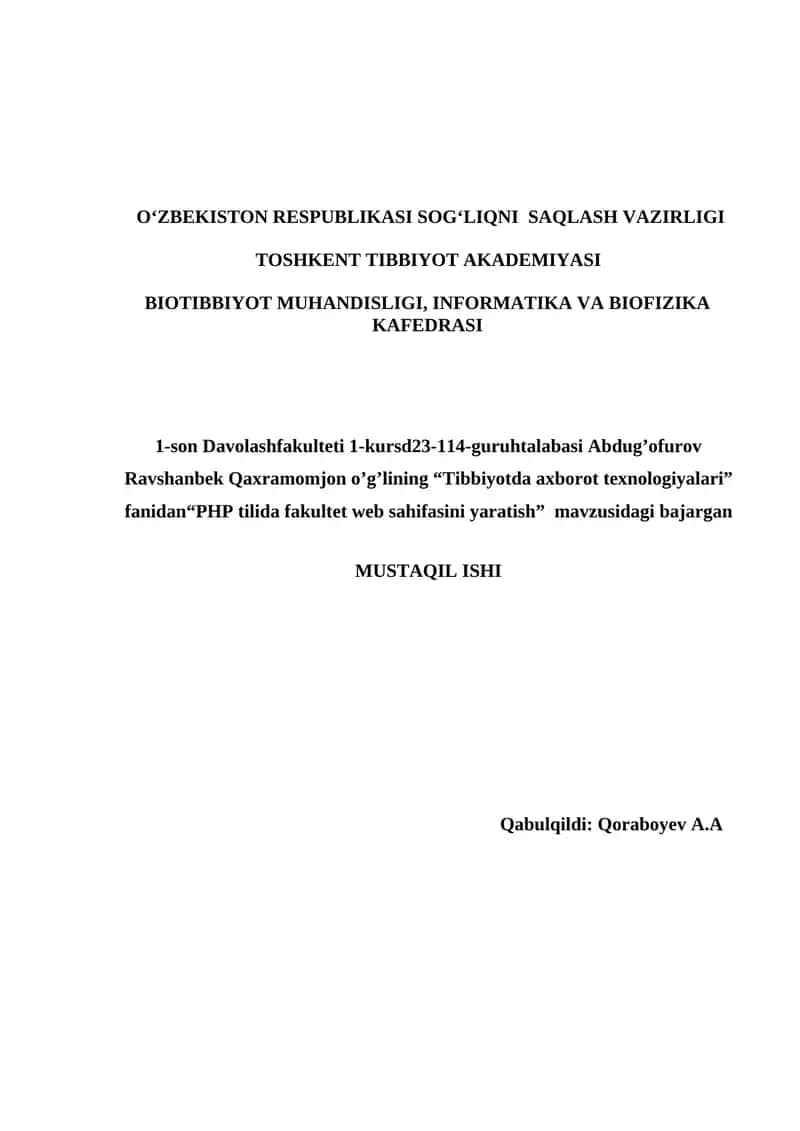 PHP tilida fakultet web sahifasini yaratish 1