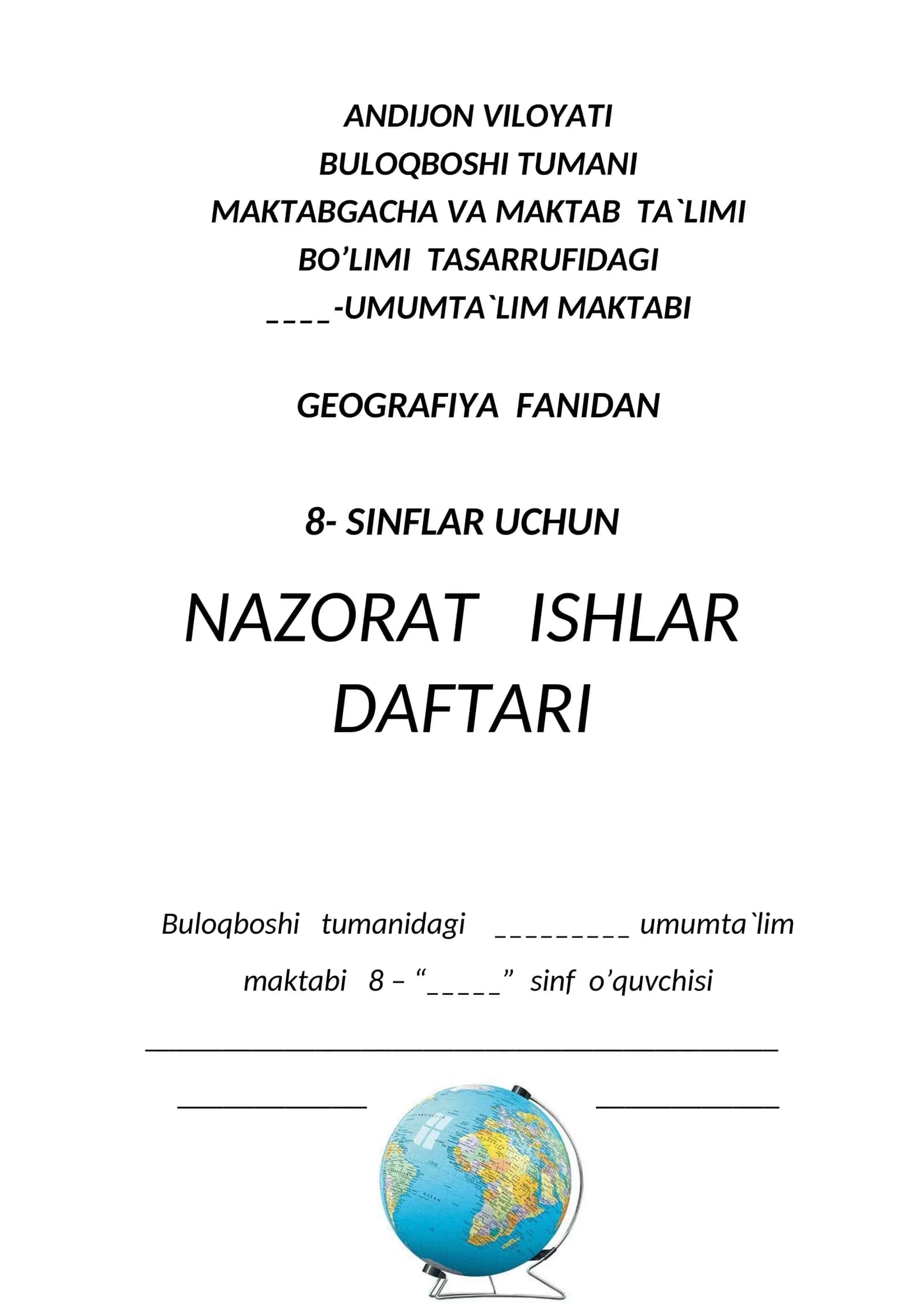 8-sinf geografiyasi nazorat ishi daftar 1