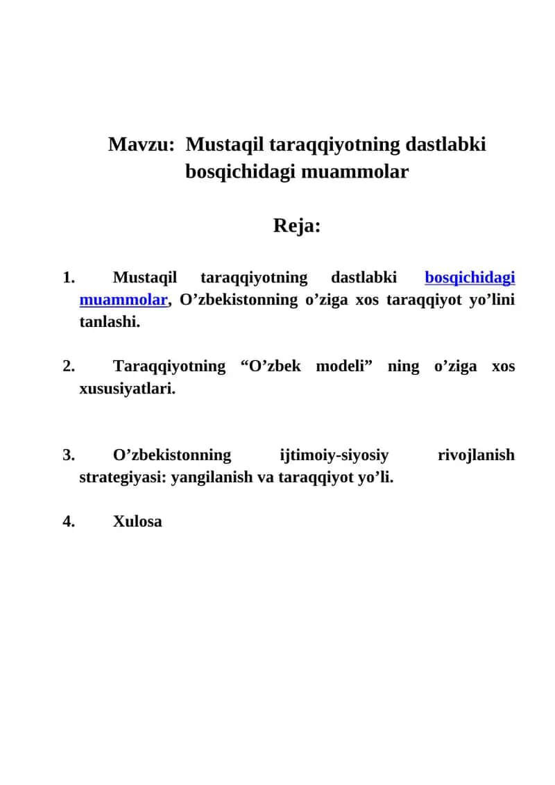 Mustaqil taraqqiyotning dastlabki bosqichidagi muammolar 1