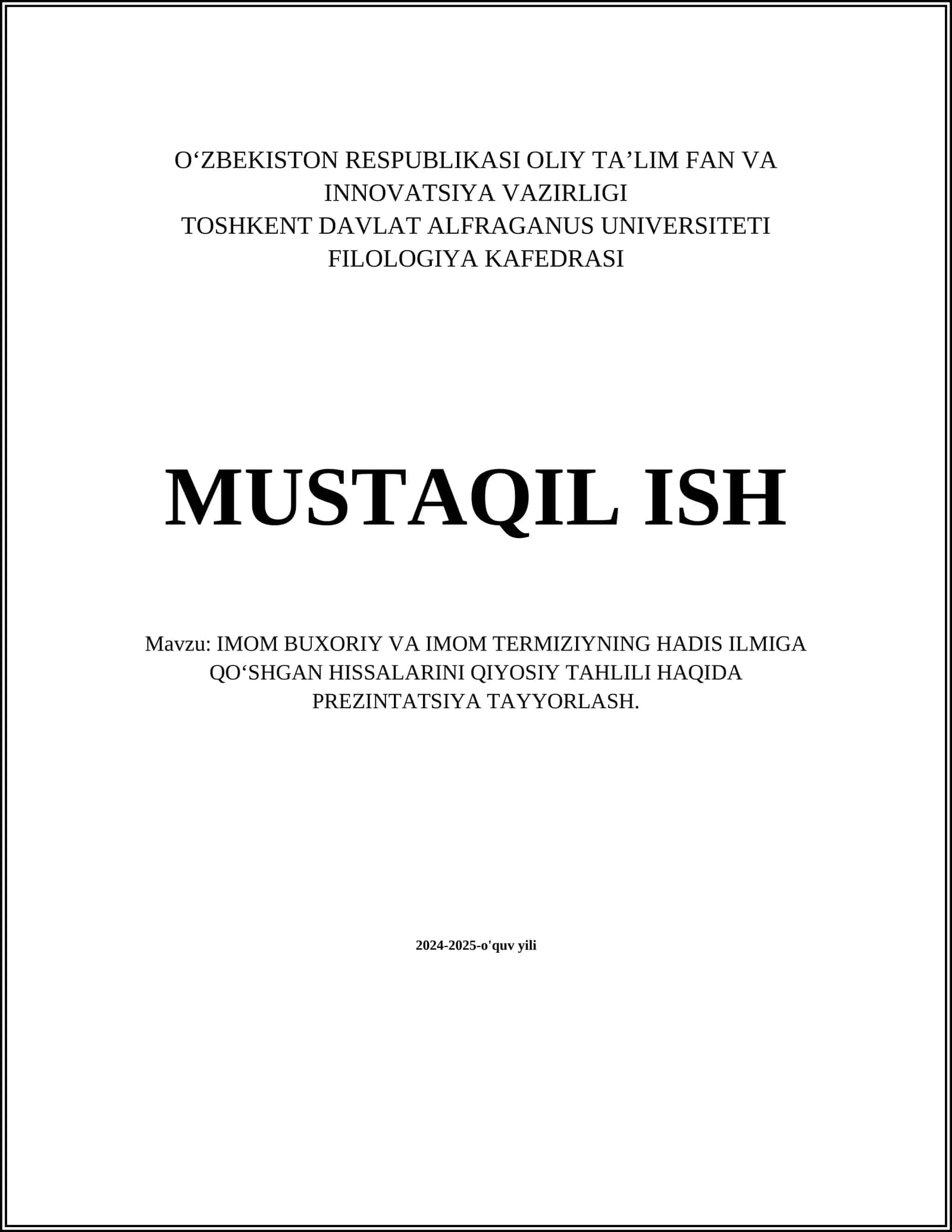 IMOM BUXORIY VA IMOM TERMIZIYNING HADIS ILMIGA QOʻSHGAN HISSALARINI QIYOSIY TAHLILI HAQIDA PREZINTATSIYA TAYYORLASH 1