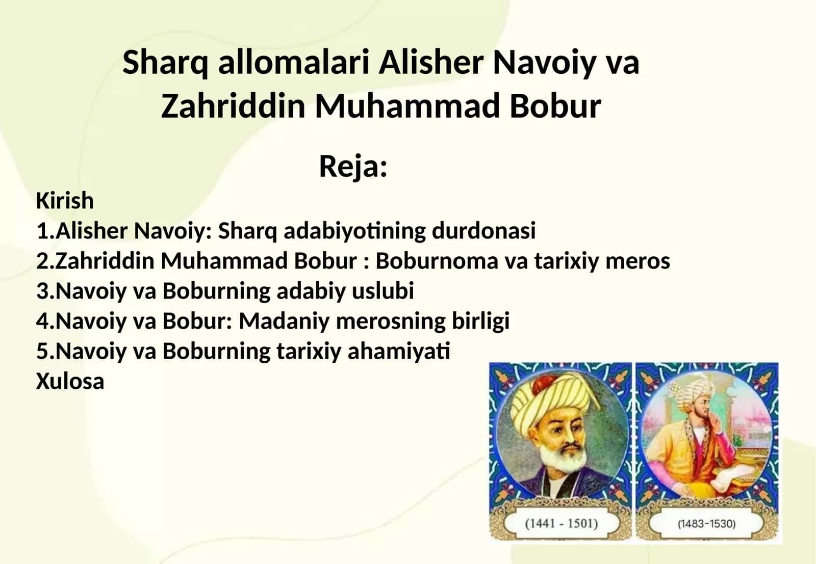 Sharq allomalari Alisher Navoiy va Zahriddin Muhammad Bobur 1