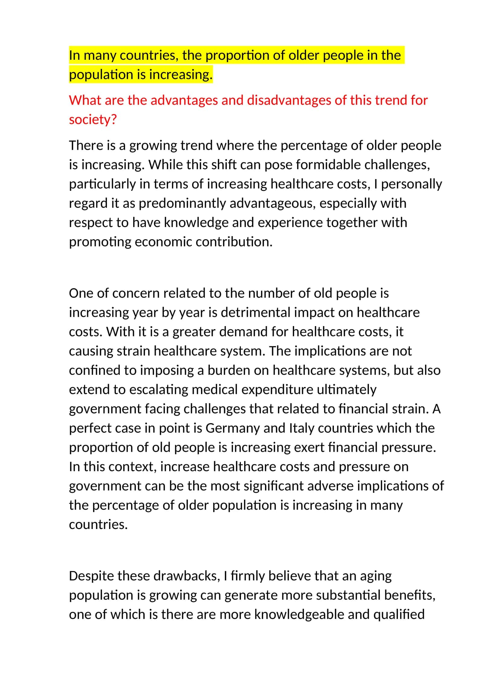 Advantages and Disadvantages of Increasing Older Population 1