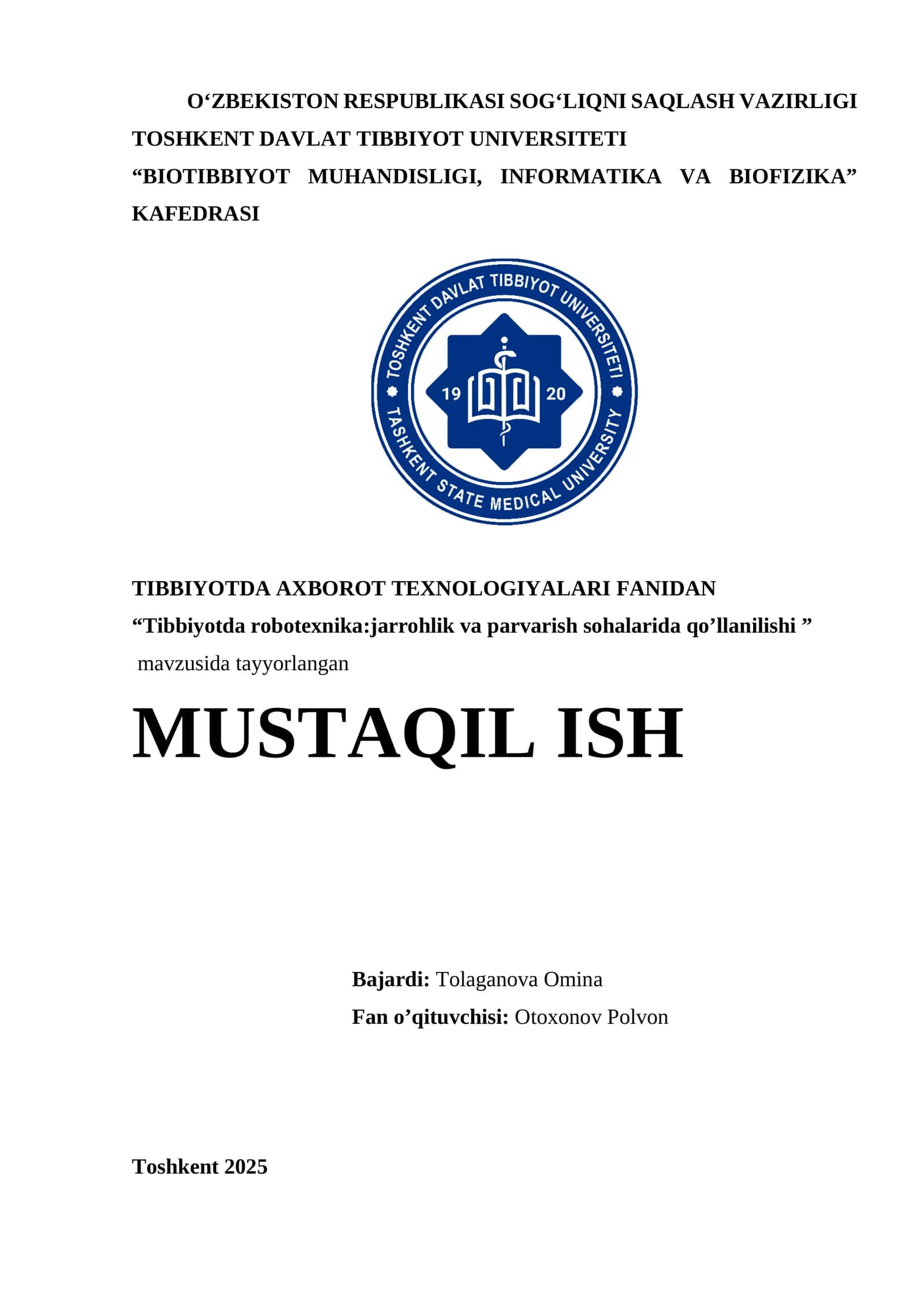 Tibbiyotda robotexnika:jarrohlik va parvarish sohalarida qo’llanilishi 1