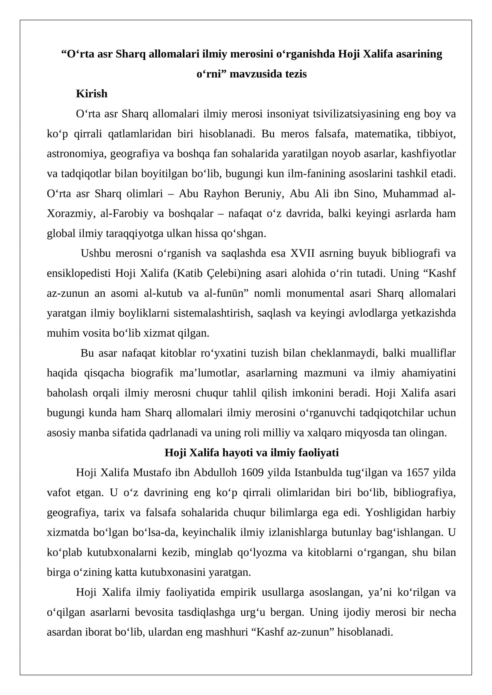 “O‘rta asr Sharq allomalari ilmiy merosini o‘rganishda Hoji Xalifa asarining o‘rni” mavzusida tezis 1