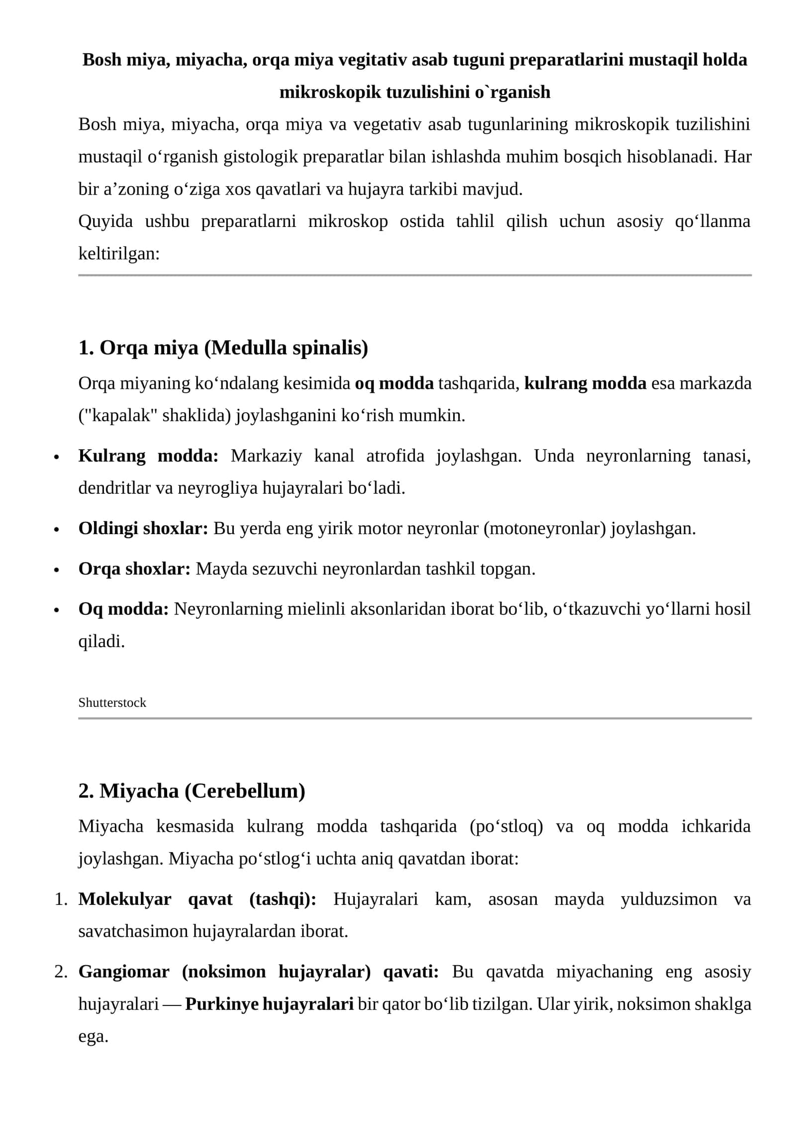 Bosh miya, miyacha, orqa miya vegitativ asab tuguni preparatlarini mustaqil holda mikroskopik tuzulishini o`rganish 1