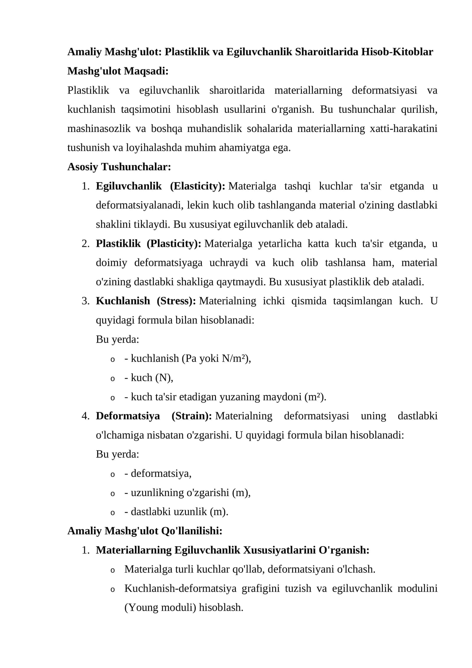 Amaliy Mashg'ulot: Plastiklik va Egiluvchanlik Sharoitlarida Hisob-Kitoblar 1