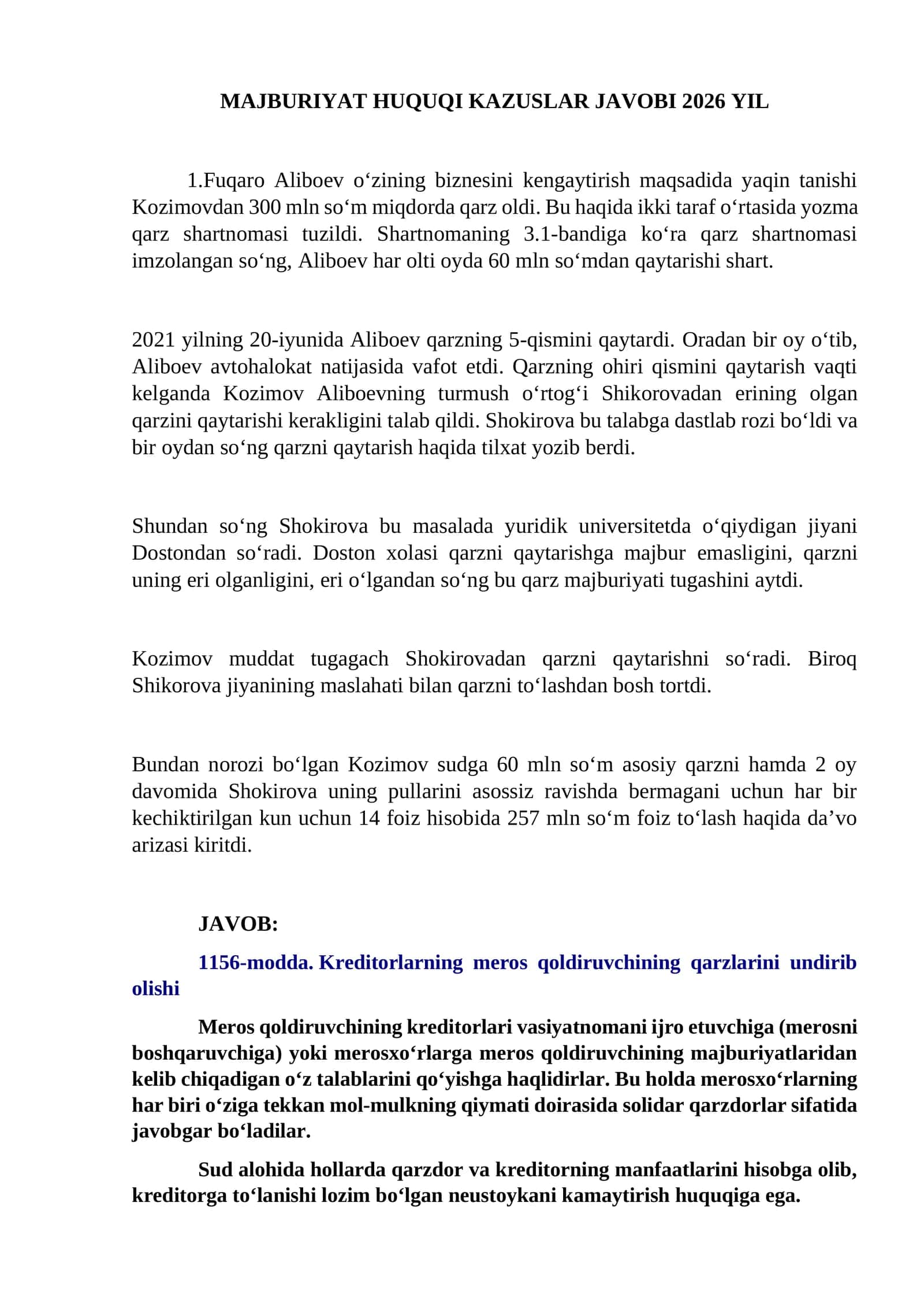 MAJBURIYAT HUQUQI KAZUSLAR JAVOBI 2026 YIL 1
