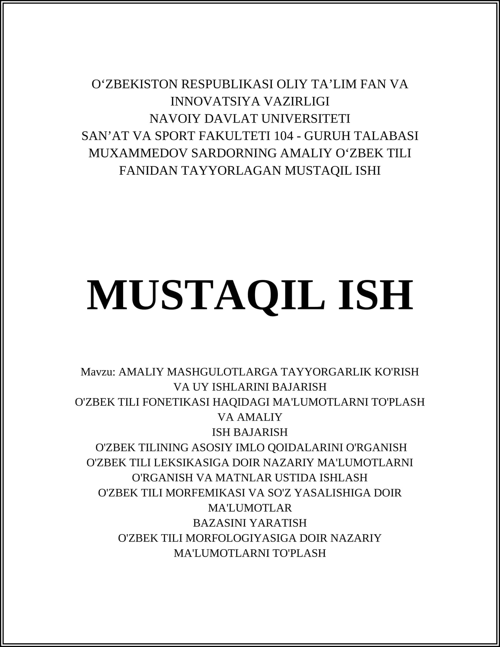 AMALIY OʻZBEK TILI FANIDAN TAYYORLAGAN MUSTAQIL ISHI 1