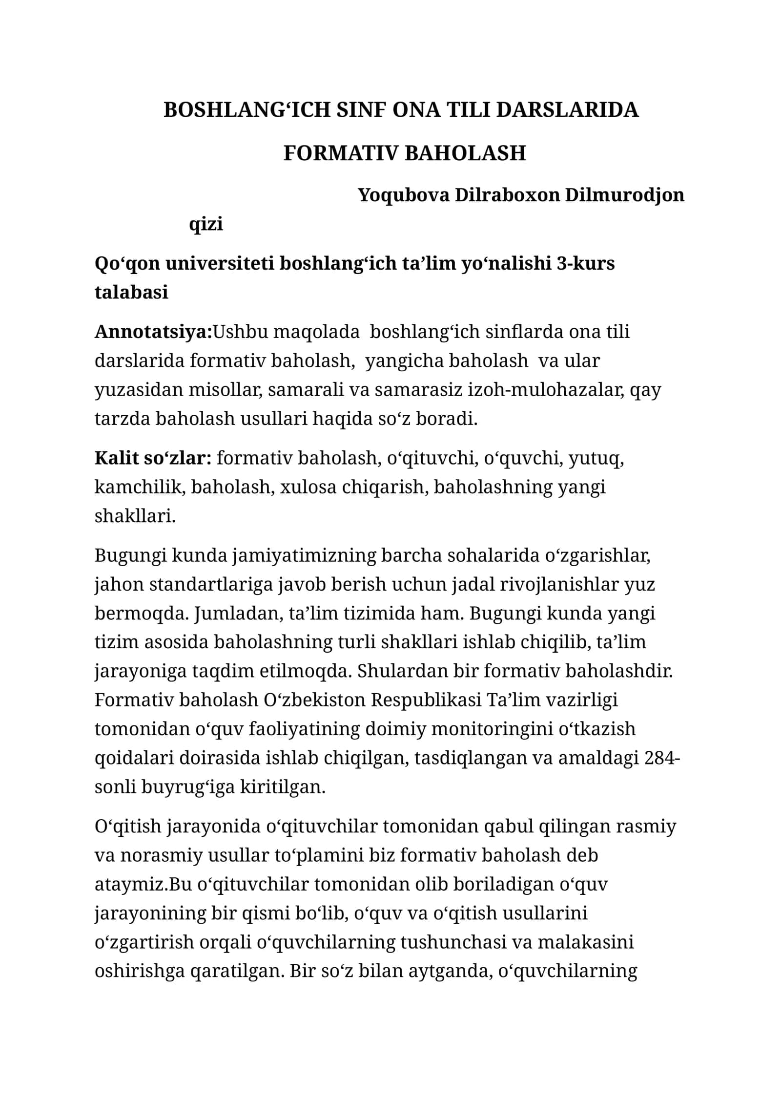 BOSHLANGʻICH SINF ONA TILI DARSLARIDA FORMATIV BAHOLASH 1