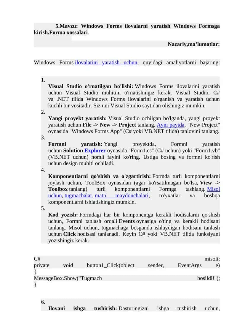 Windows Forms ilovalarni yaratish 1