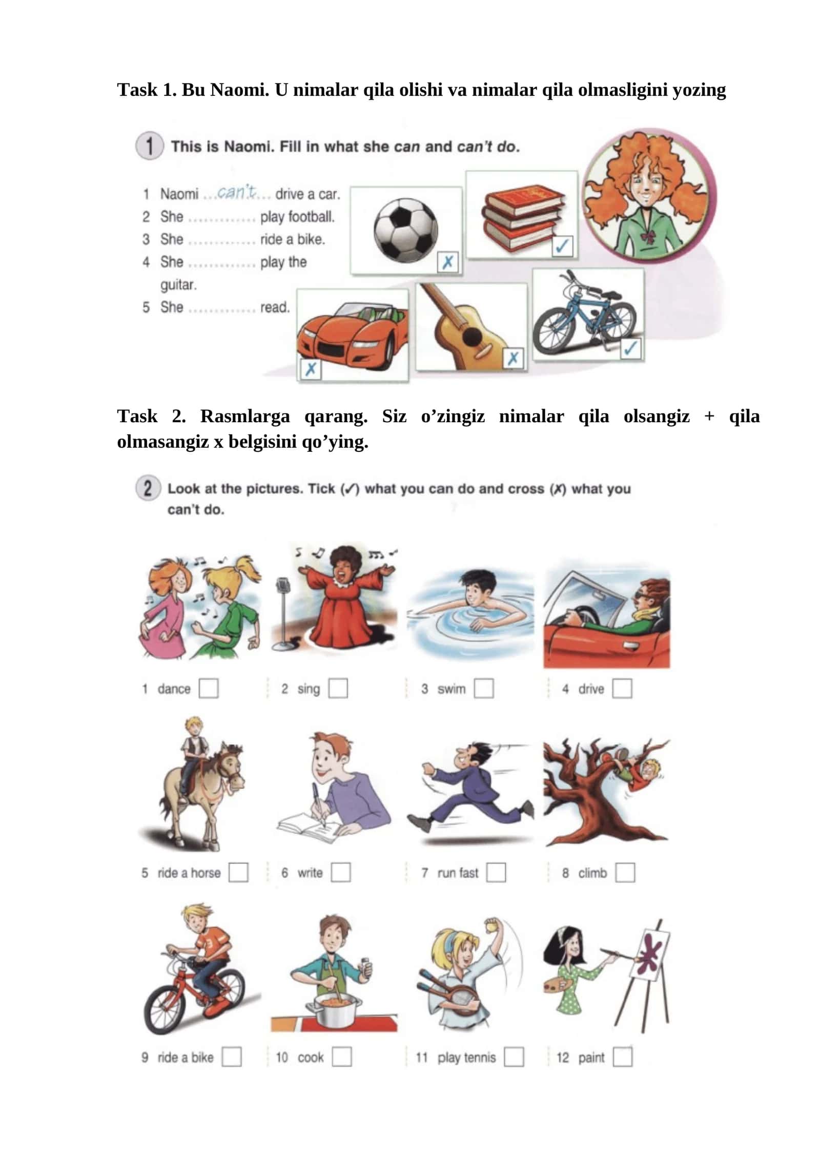 Task 1. Bu Naomi. U nimalar qila olishi va nimalar qila olmasligini yozing 1