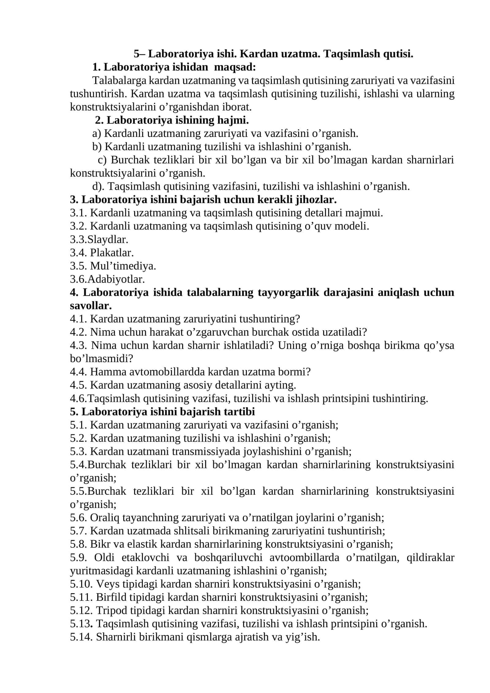 Laboratoriya ishi. Kardan uzatma. Taqsimlash qutisi 1