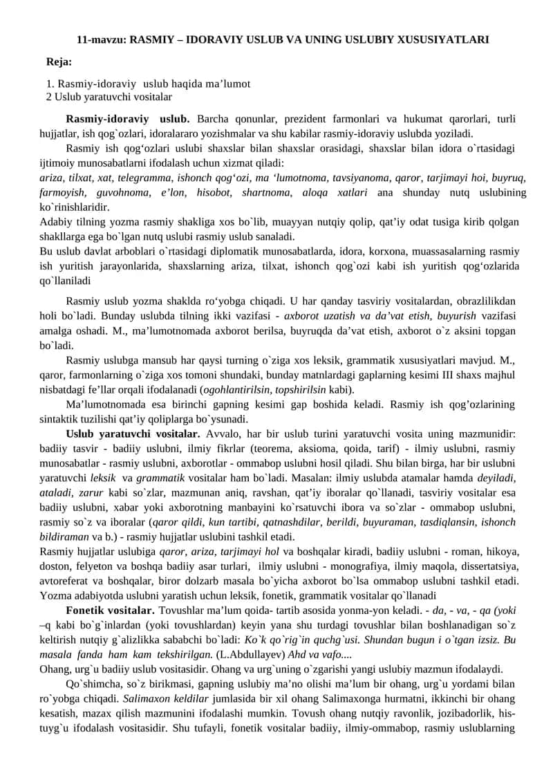 RASMIY – IDORAVIY USLUB VA UNING USLUBIY XUSUSIYATLARI 1