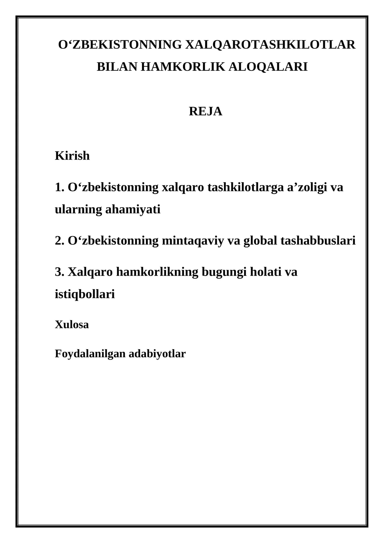 O‘ZBEKISTONNING XALQAROTASHKILOTLAR BILAN HAMKORLIK ALOQALARI 1