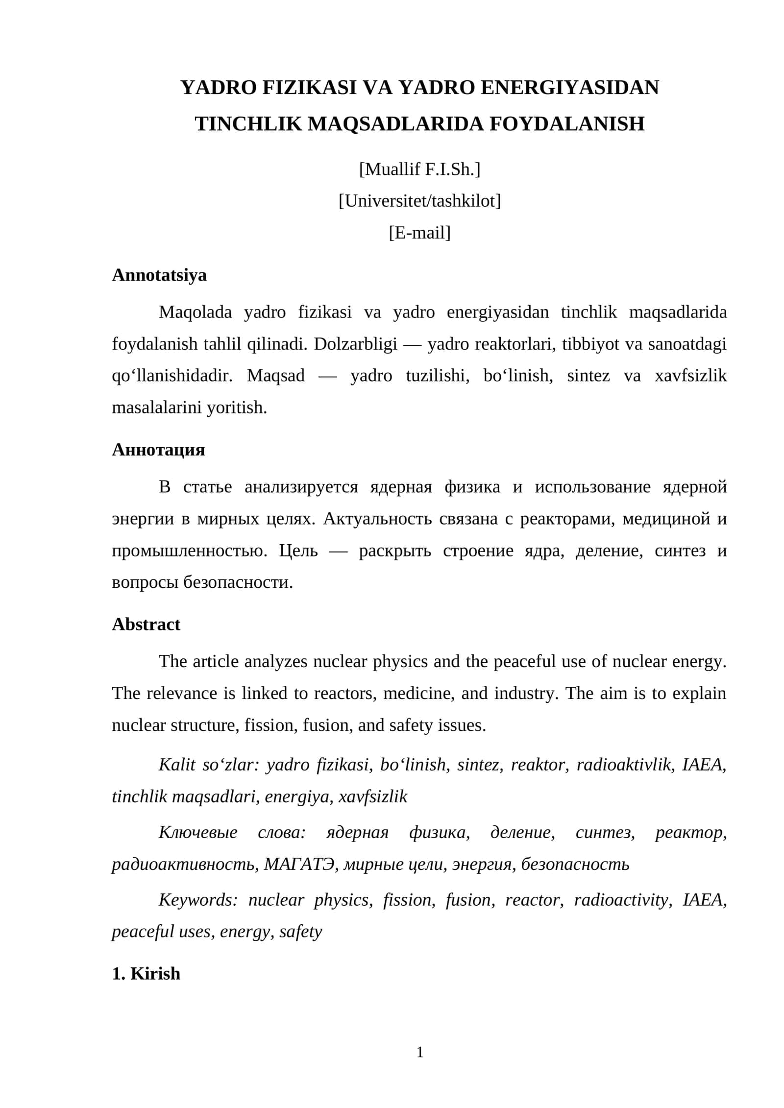 YADRO FIZIKASI VA YADRO ENERGIYASIDAN TINCHLIK MAQSADLARIDA FOYDALANISH 1