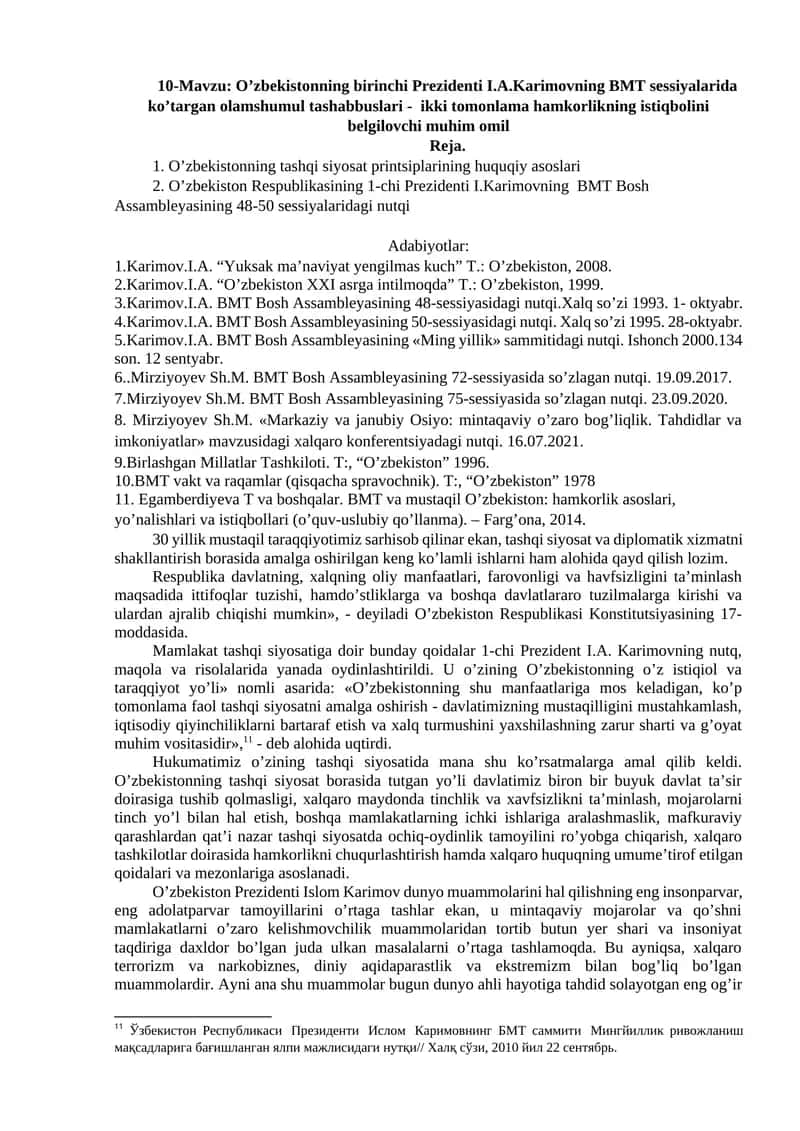 O’zbekistonning birinchi Prezidenti I.A.Karimovning BMT sessiyalarida ko’targan olamshumul tashabbuslari - ikki tomonlama hamkorlikning istiqbolini belgilovchi muhim omil 1