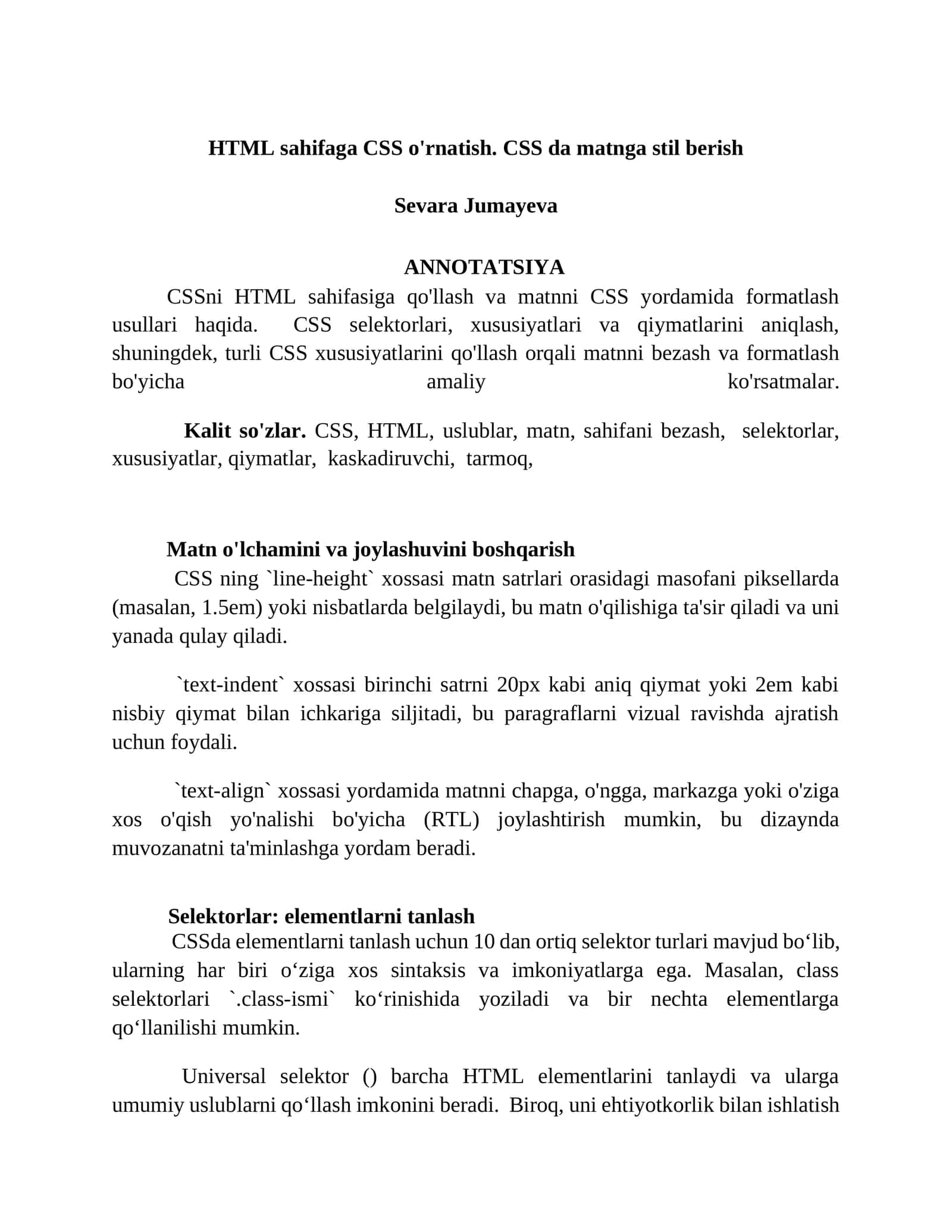 CSSni HTML sahifasiga qo'llash va matnni CSS yordamida formatlash usullari 1
