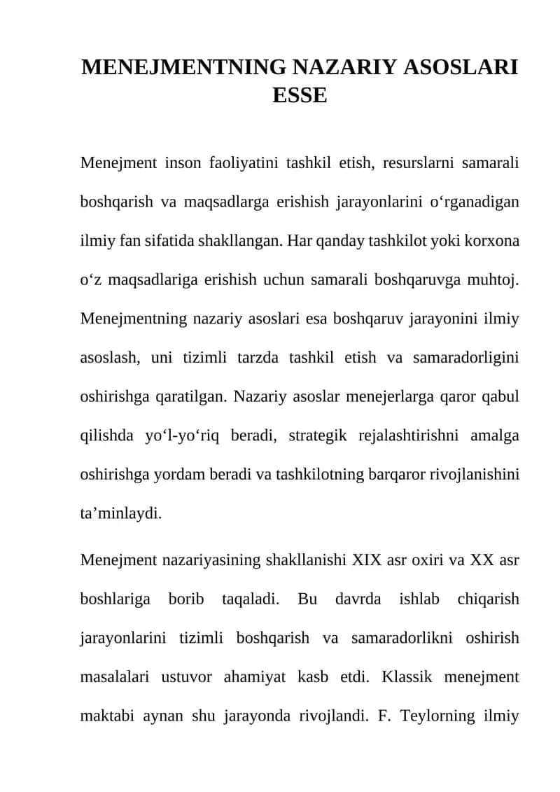 MENEJMENTNING NAZARIY ASOSLARI ESSE 1