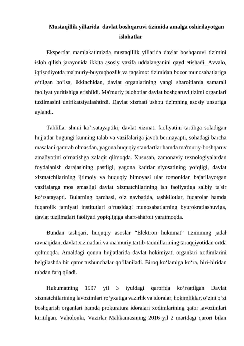 Mustaqillik yillarida davlat boshqaruvi tizimida amalga oshirilayotgan islohatlar 1