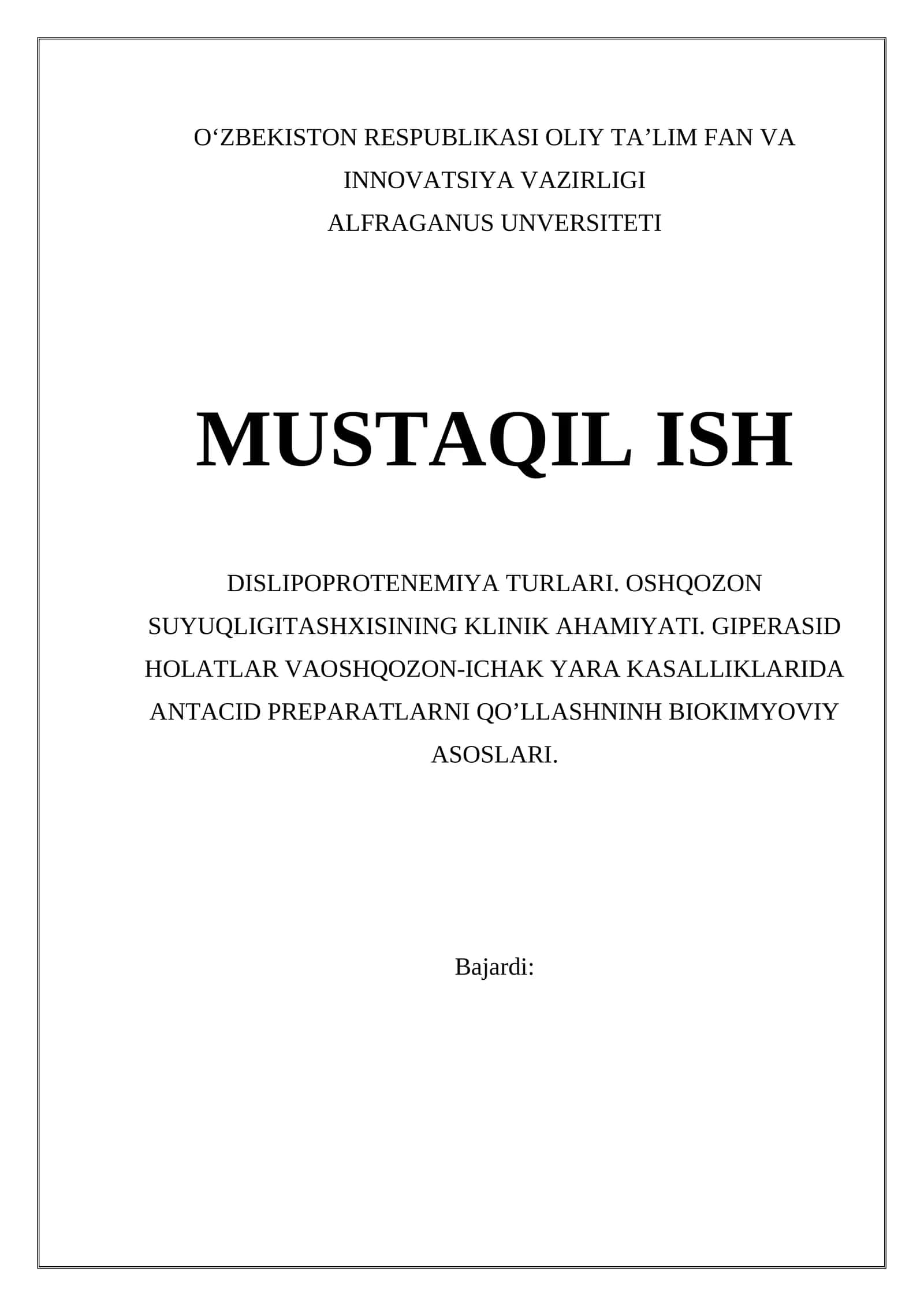 Dislipoproteinemiya Turlari. Oshqozon Suyuqligita shxisining Klinik Ahamiyati. Giperasid Holatlar Va Oshqozon-Ichak Yara Kasalliklarida Antacid Preparatlarni Qo'llashning Biokimyoviy Asoslari 1