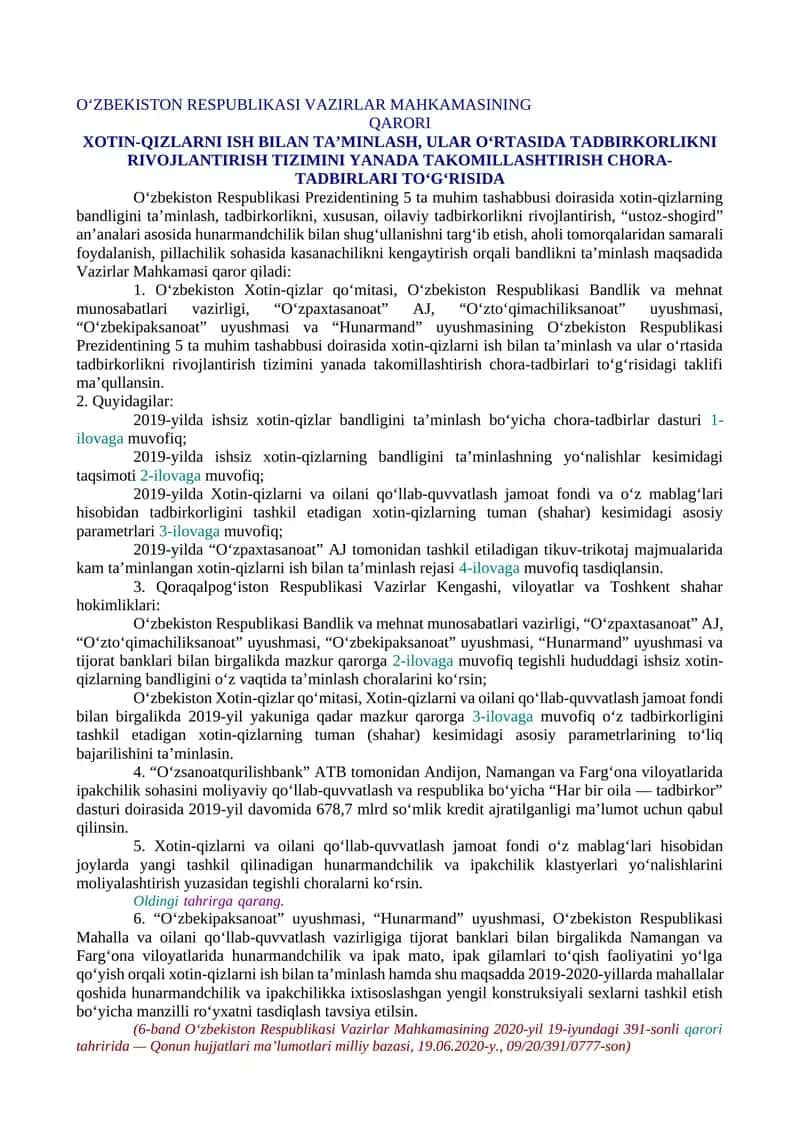 XOTIN-QIZLARNI ISH BILAN TA’MINLASH, ULAR O‘RTASIDA TADBIRKORLIKNI RIVOJLANTIRISH TIZIMINI YANADA TAKOMILLASHTIRISH CHORA-TADBIRLARI TO‘G‘RISIDA 1
