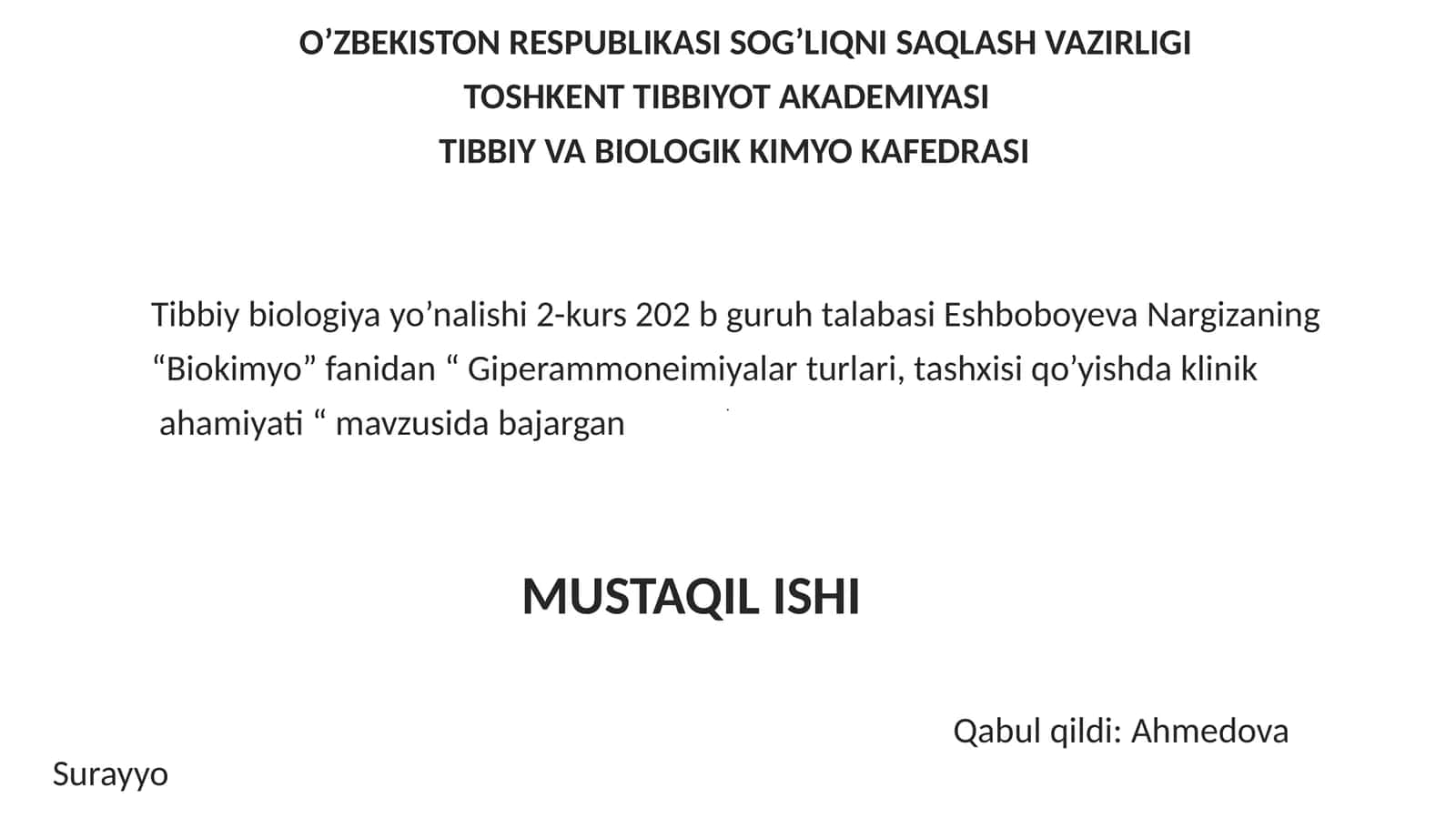 Giperammoneimiyalar turlari,tashxisi qo’yishda klinik ahamiyati 1