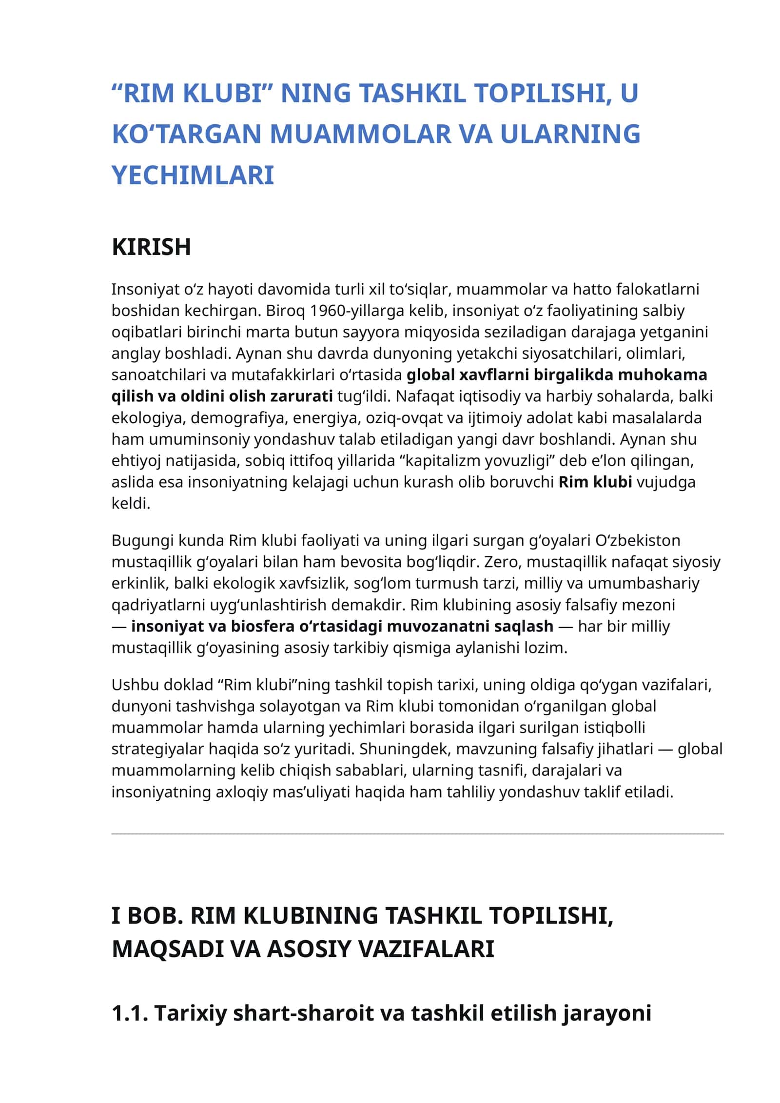 “RIM KLUBI” NING TASHKIL TOPILISHI, U KO‘TARGAN MUAMMOLAR VA ULARNING YECHIMLARI 1