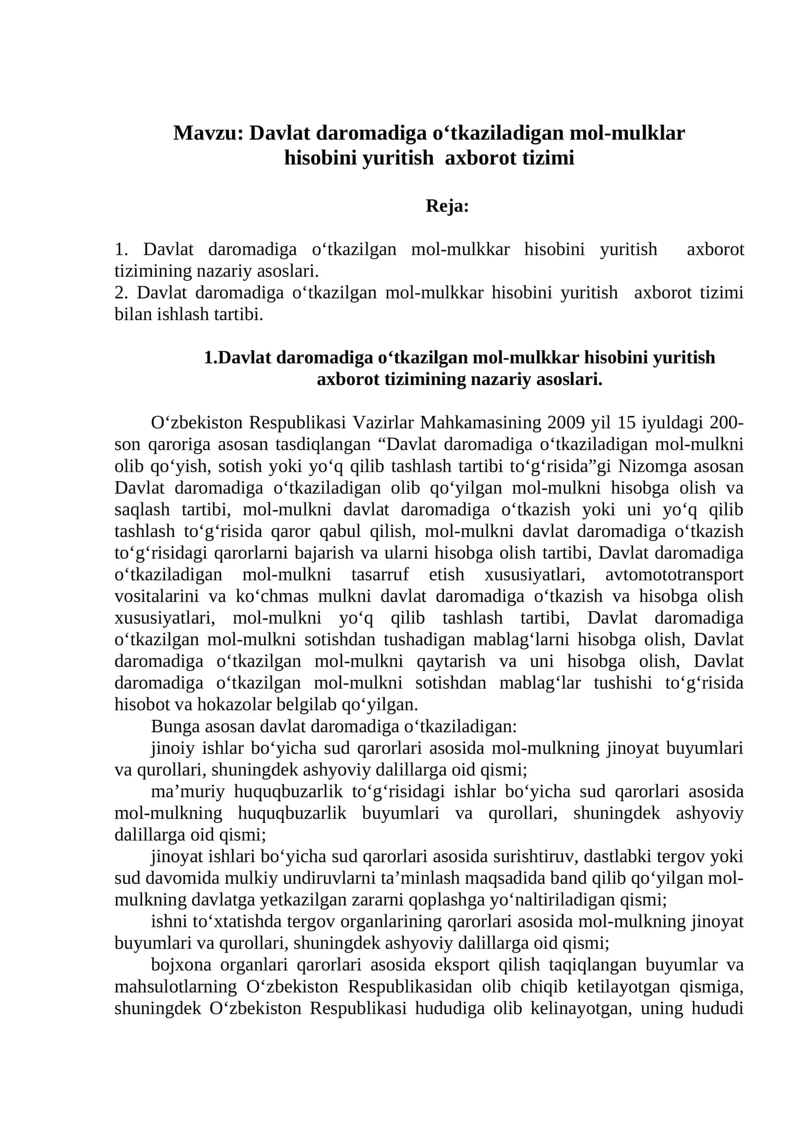 Davlat daromadiga o‘tkaziladigan mol-mulklar hisobini yuritish axborot tizimi 1