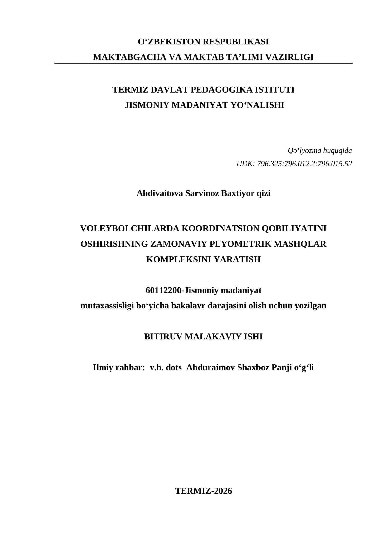 VOLEYBOLCHILARDA KOORDINATSION QOBILIYATINI OSHIRISHNING ZAMONAVIY PLYOMETRIK MASHQLAR KOMPLEKSINI YARATISH 1