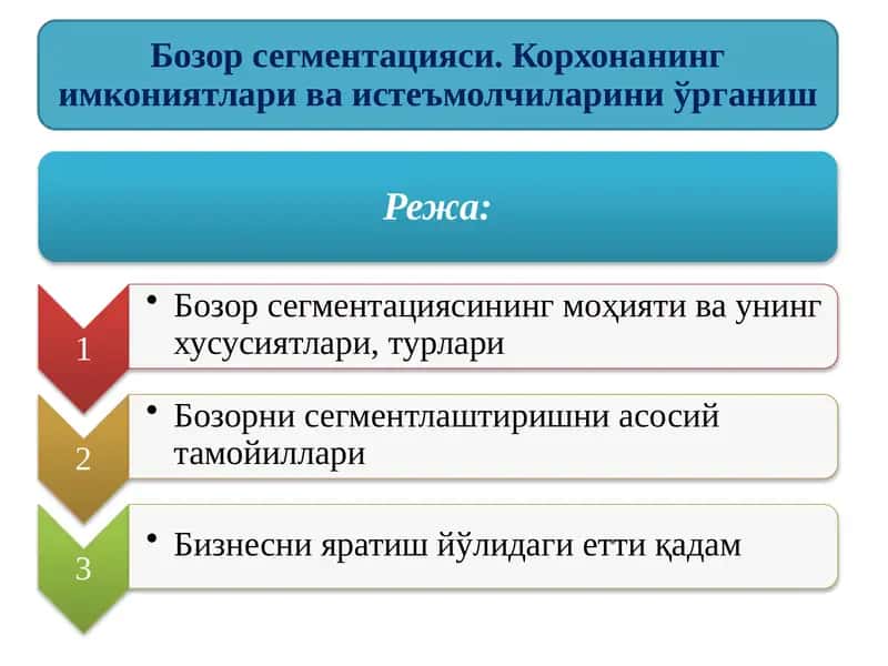Бозор сегментацияси. Корхонанинг имкониятлари ва истеъмолчиларини ўрганиш 1