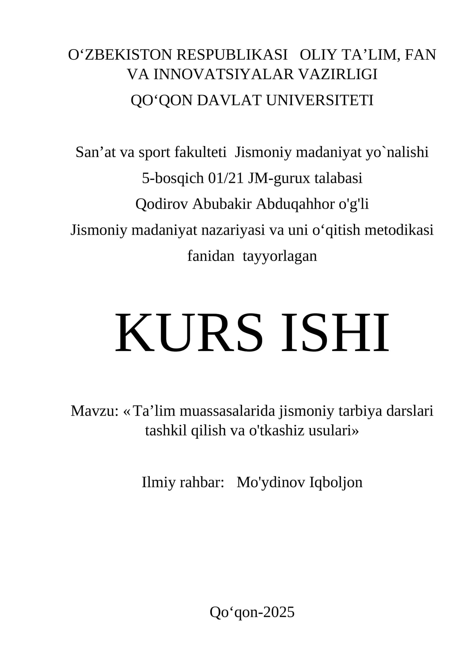 Ta'lim muassasalarida jismoniy tarbiya darslari tashkil qilish va o'tkashiz usulari 1