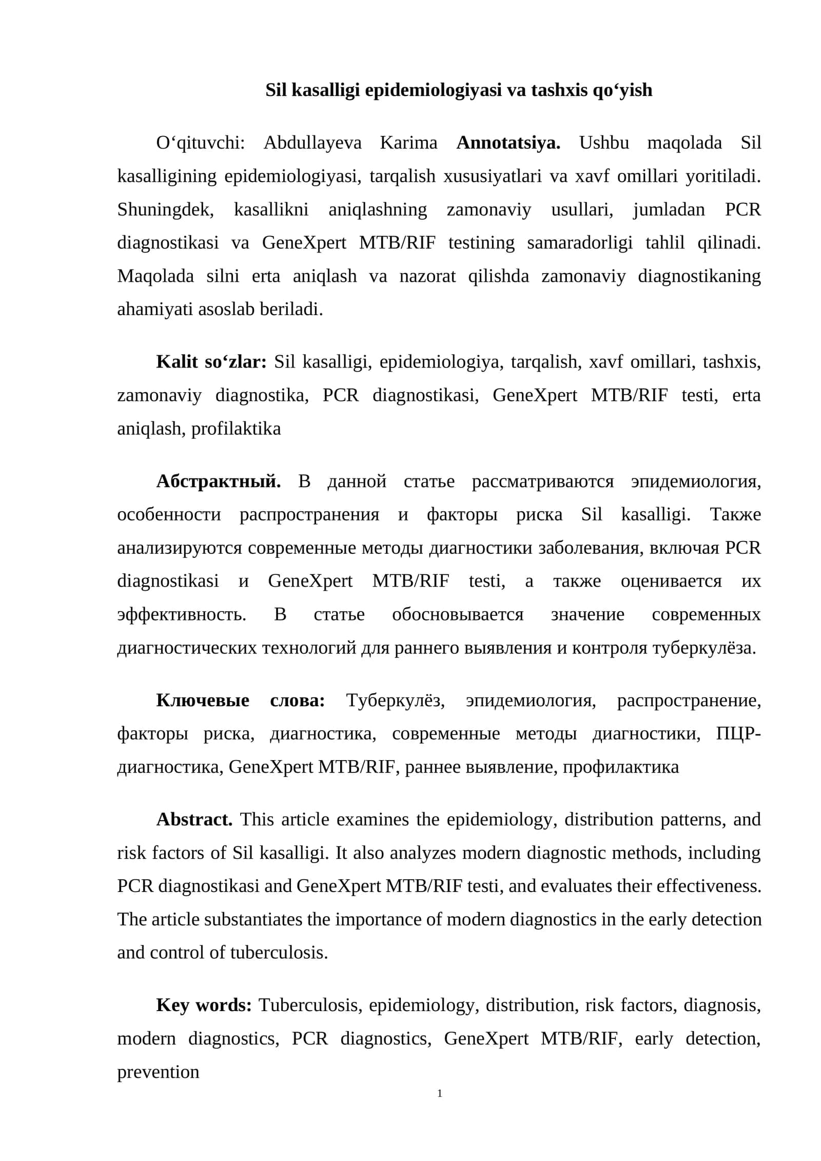 Sil kasalligi epidemiologiyasi va tashxis qoʻyish 1