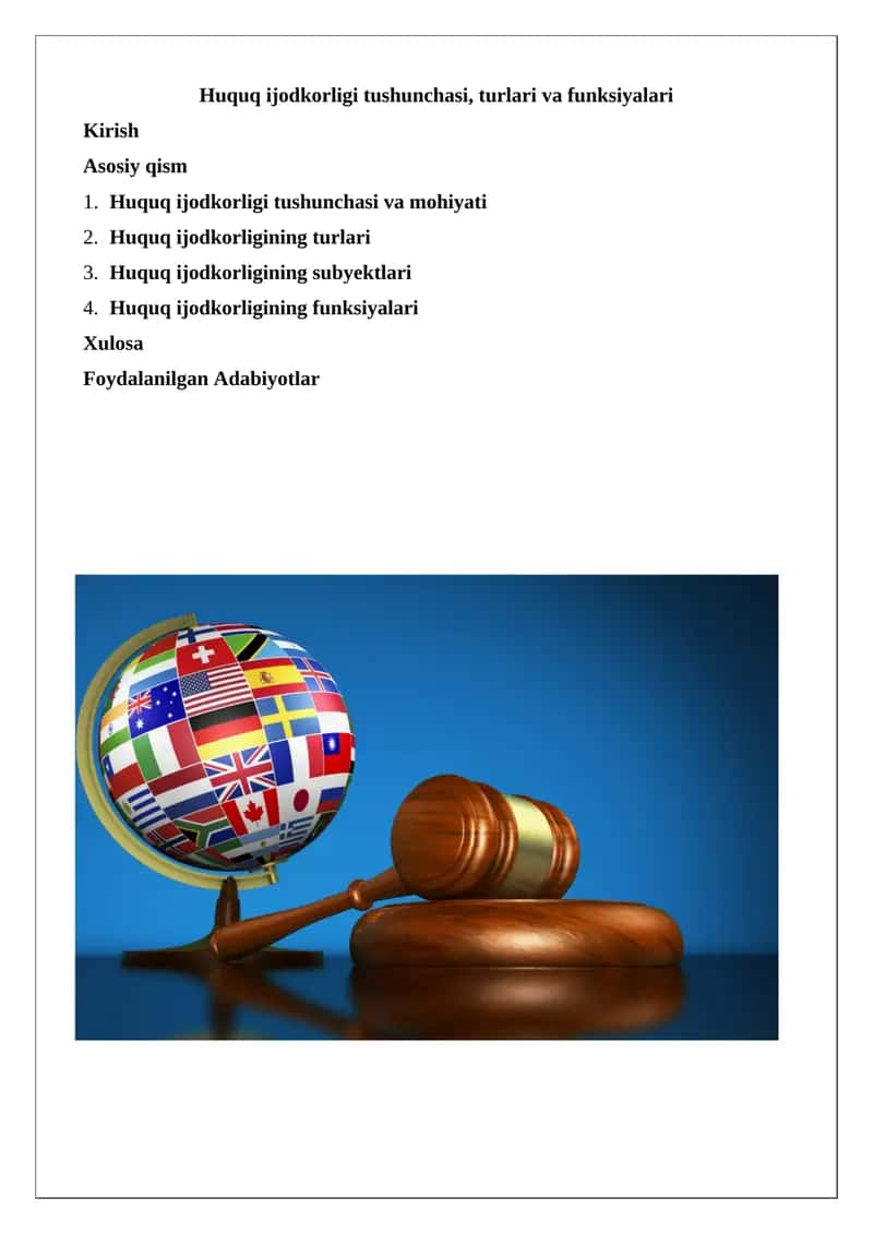 Huquq ijodkorligi tushunchasi, turlari va funksiyalari 1