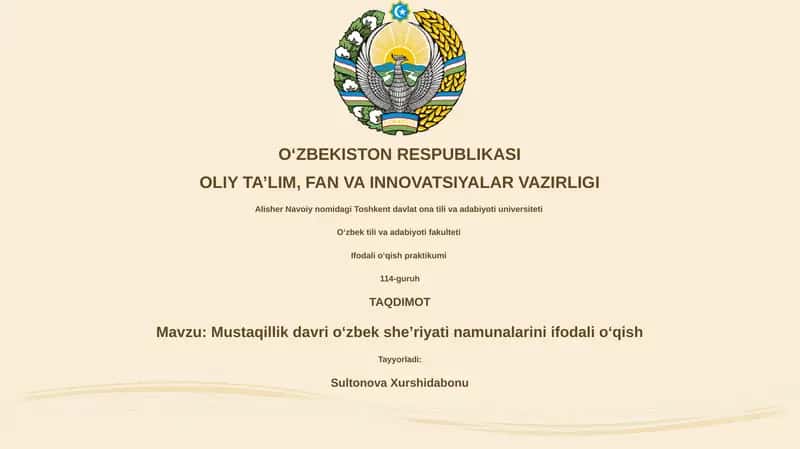 Mustaqillik davri o'zbek sheʼriyati namunalarini ifodali oʻqish 1