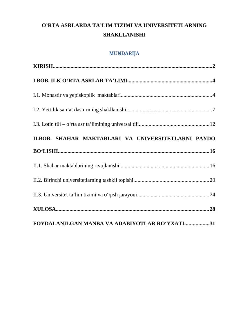 O’RTA ASRLARDA TA’LIM TIZIMI VA UNIVERSITETLARNING SHAKLLANISHI 1