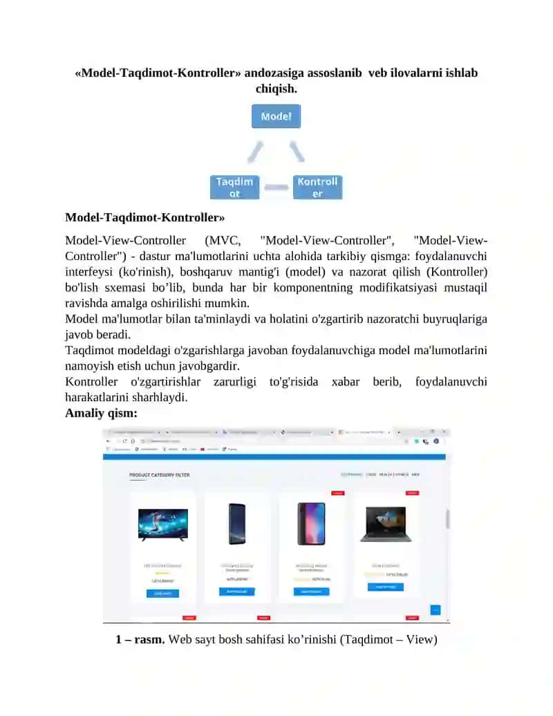 Model-Taqdimot-Kontroller andozasiga assoslanib  veb ilovalarni ishlab chiqish.