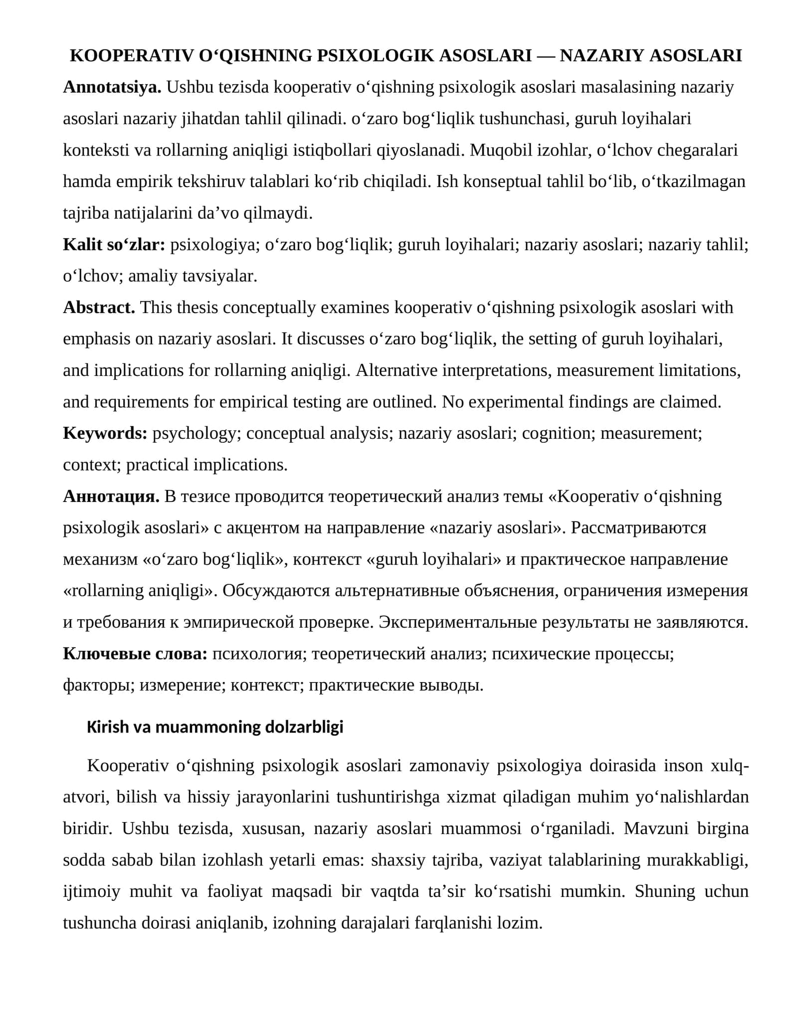 KOOPERATIV O‘QISHNING PSIXOLOGIK ASOSLARI — NAZARIY ASOSLARI 1