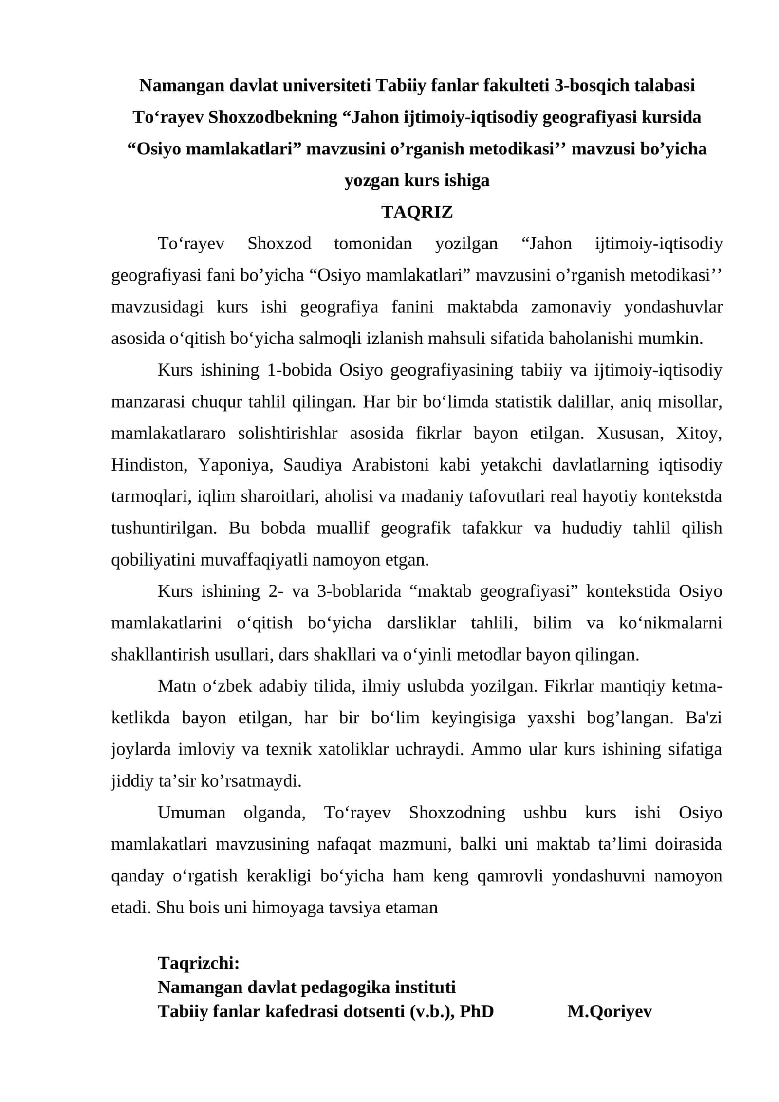 "Jahon ijtimoiy-iqtisodiy geografiyasi kursida Osiyo mamlakatlari" kurs ishi 1