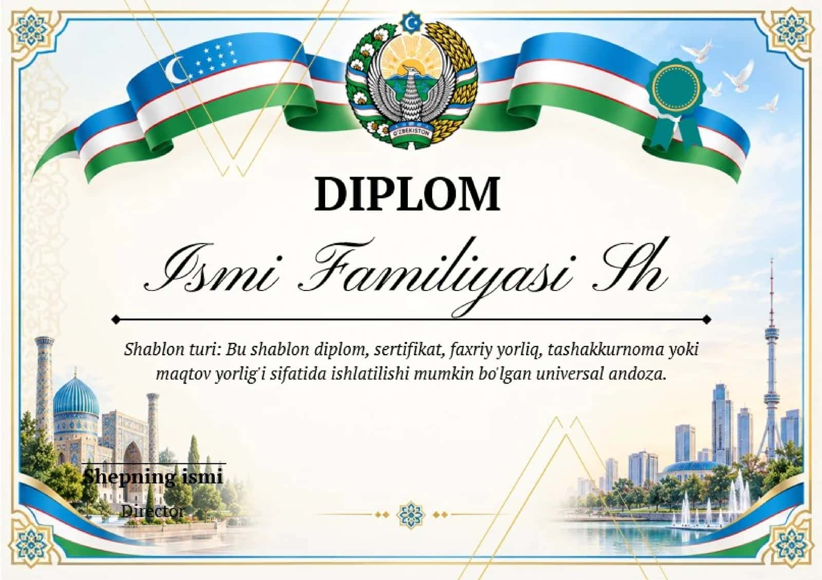 Shablon diplom, sertifikat, faxriy yorliq, tashakkurnoma yoki maqtov yorlig'i 1